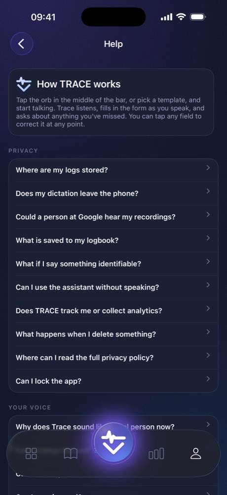 The screen TRACE shows before the microphone is ever opened, explaining that audio is sent to Google, that patients must not be named, and that typed text is filtered while speech is not.